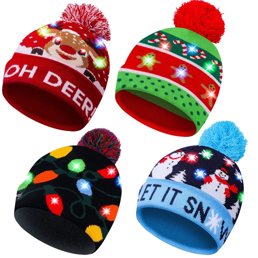 🆕 4 Pack Christmas Hats LED Light Up Beanies
